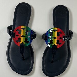 Tory Burch Navy Blue Sandals with Multicolor Logo Size 8